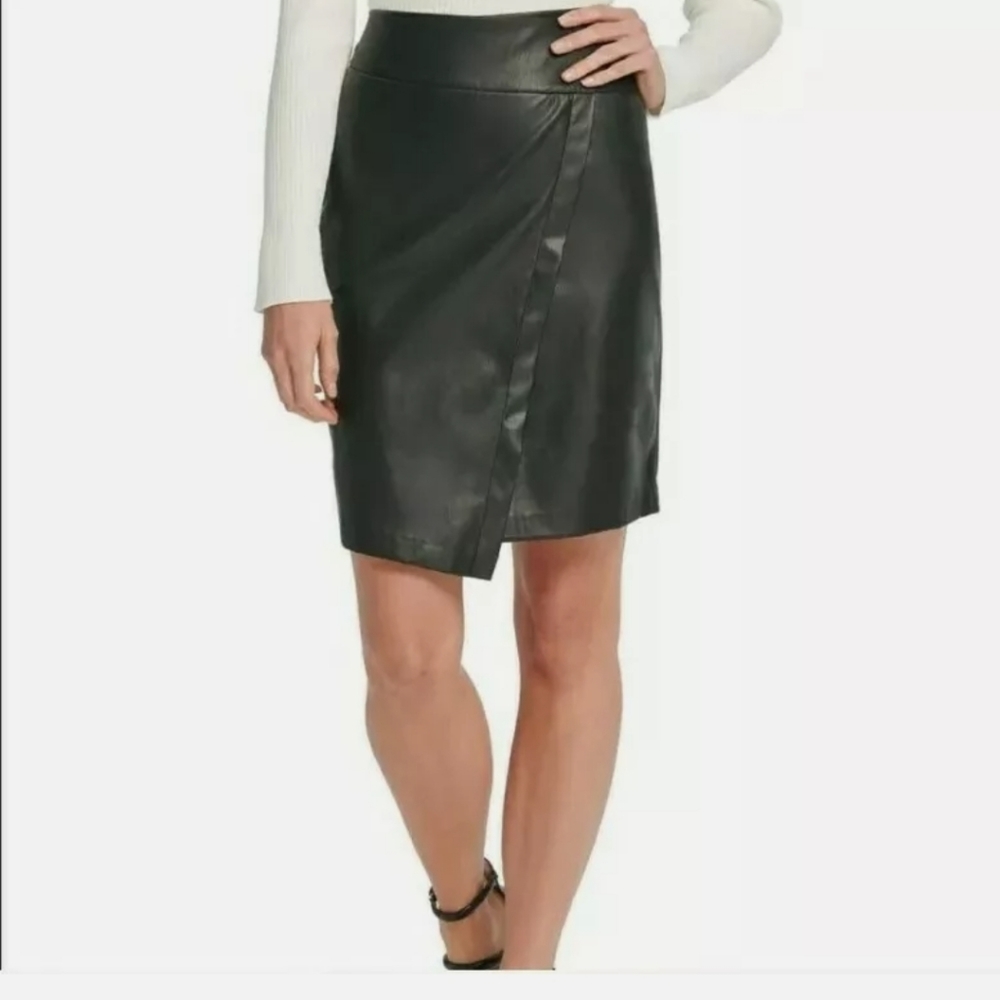 DKNY Womens Black Faux Leather Above The Knee Faux Wrap Evening Skirt Size 6